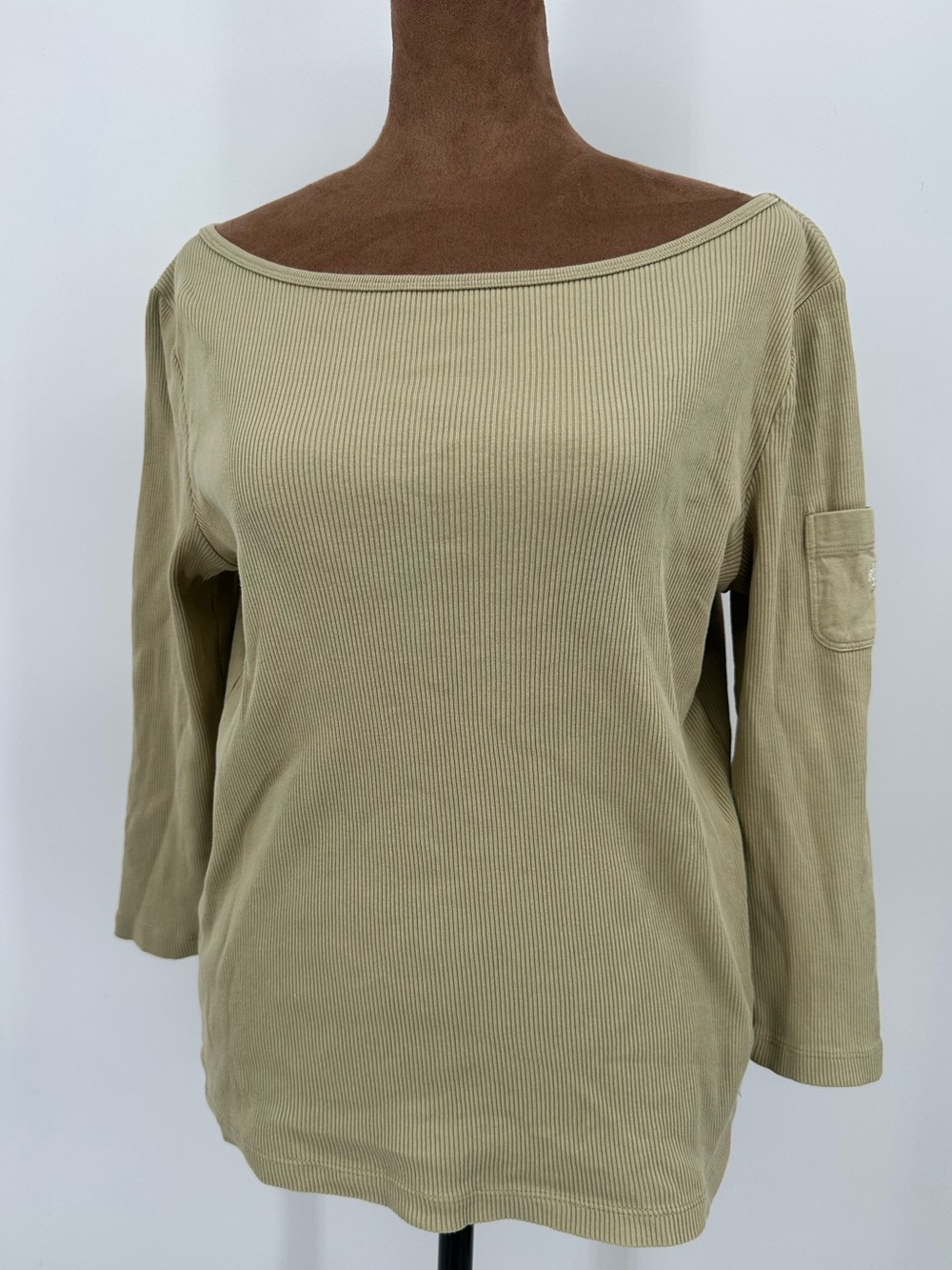 Lauren Ralph Lauren Vintage Ribbed Boatneck Top S LRL Sleeve Pocket 100% Cotton